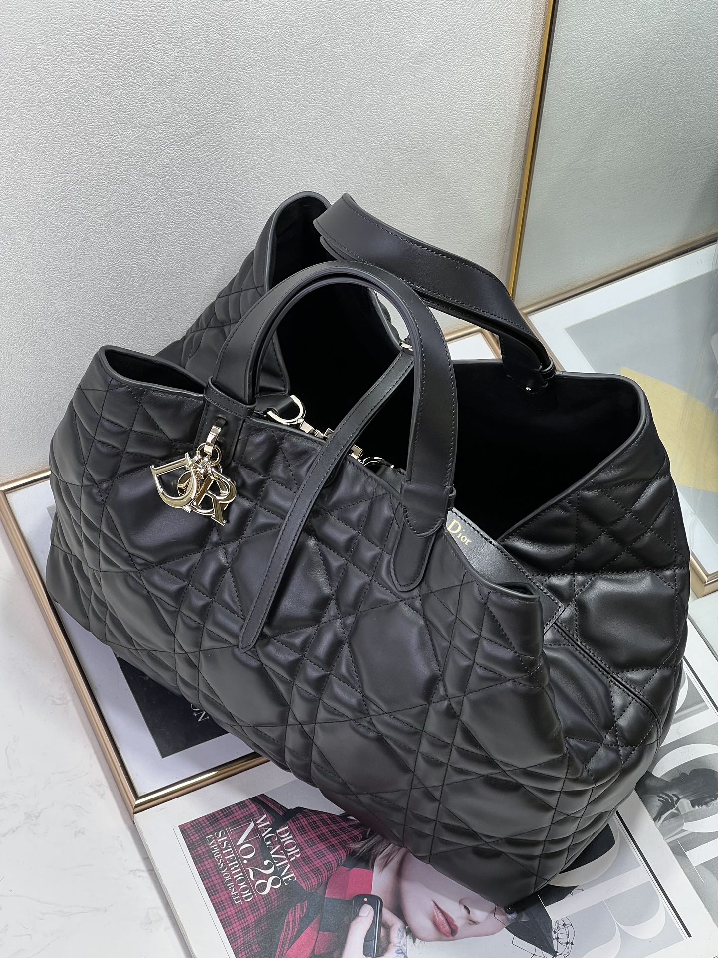 Large Dior Toujours Bag Black Macrocannage Calfskin